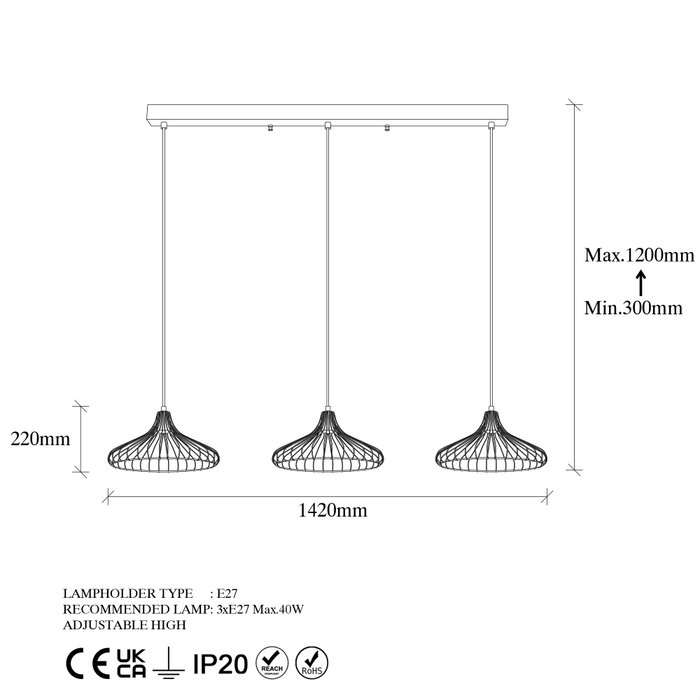 Opviq Lámpara de araña industrial ajustable en negro